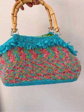 Multicolor Knit Shoulder Bag with Turquoise Trim and Bamboo Handles